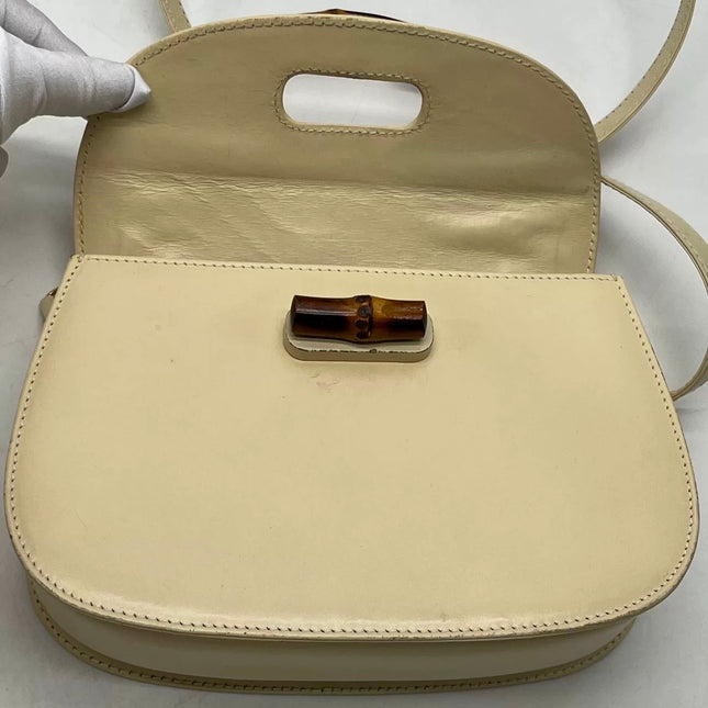 Gucci Bamboo 1947 Vintage Small White Box Leather Top Handle and Leather Strap Bag