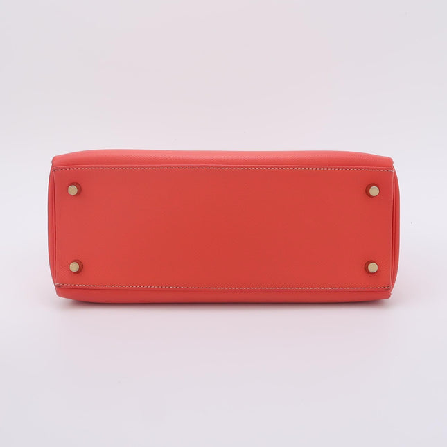 Hermes Kelly 28 Retourne Calfskin Leather Rose Exterior Brown Interior Gold Hardware Double Ring