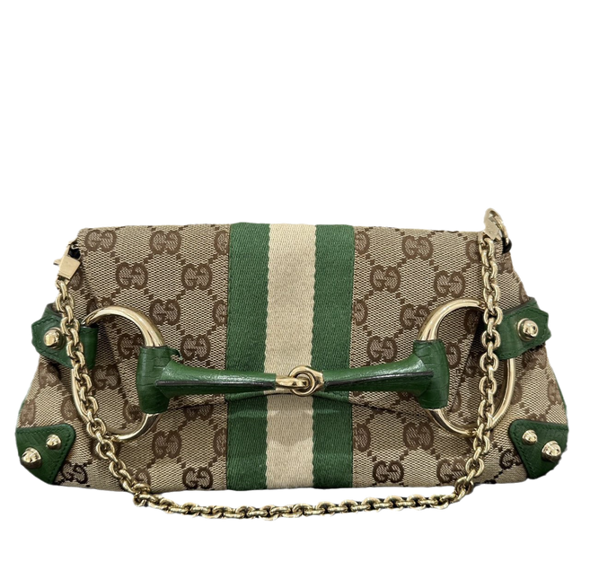 Sold Iconic Gucci Horsebit 1955 Chain Cloth Gucci Monogram Green Leather and Gold Studs