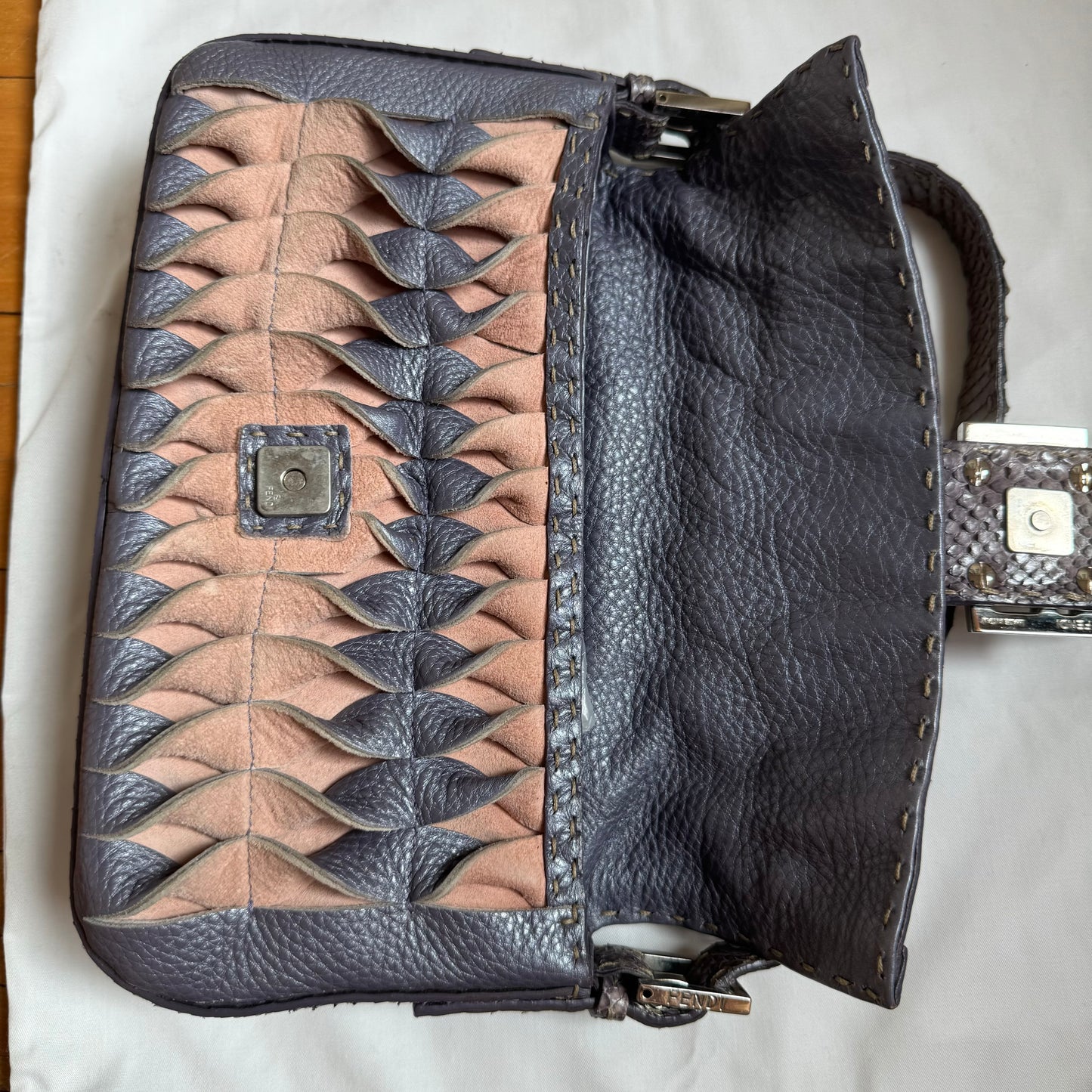 Fendi Baguette Purple Snakeskin Cutout Shoulder Bag