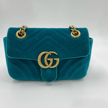 Gucci Marmont Small Flap Turquoise Blue Velvet Handbag