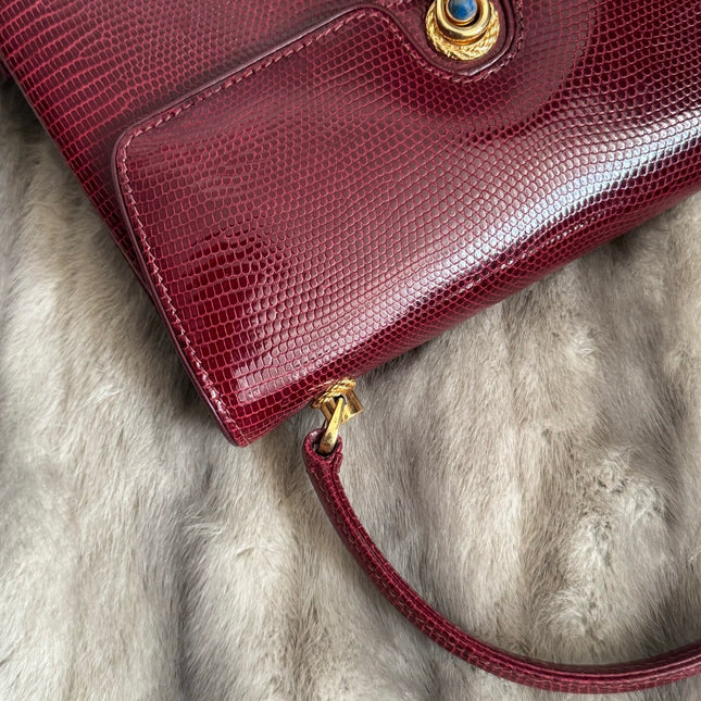 Gucci Vintage Bag Burgundy Lizard Leather Blue Lapis Lazuli Stone Gold-tone Hardware