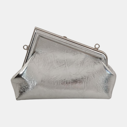 Fendi First Small Silver Shiny Calfskin Leather Clutch with Shoulder Strap