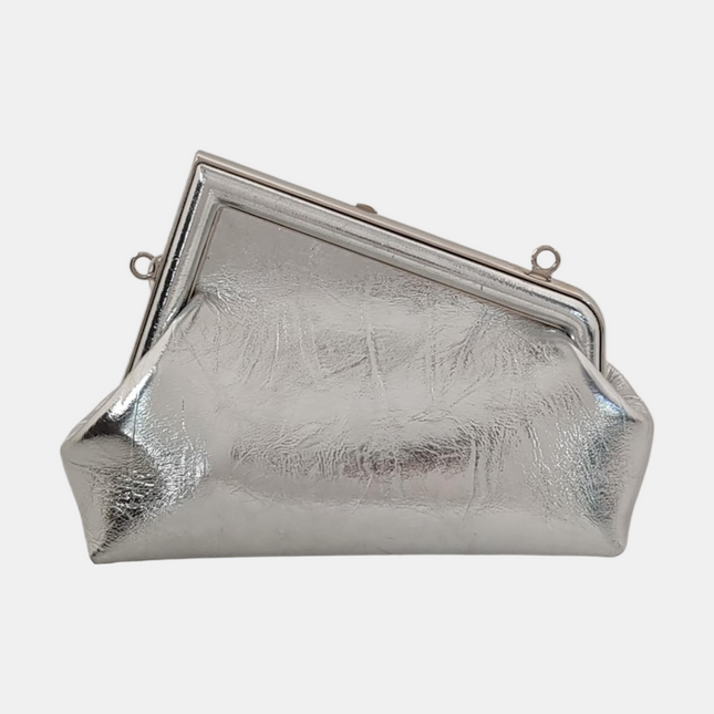 Fendi First Small Silver Shiny Calfskin Leather Clutch with Shoulder Strap