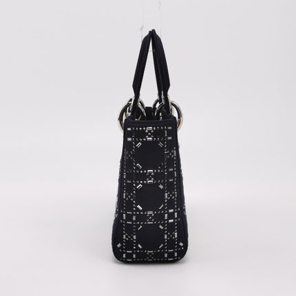 Lady Dior Mini Black Silk with Crystals Silver Hardware