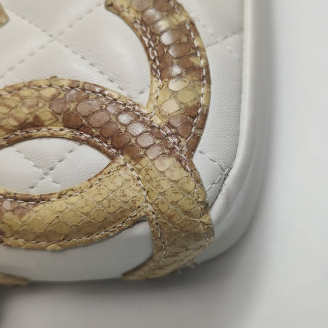 Chanel Cambon Clutch White Leather Snake Skin CC Logo Black Strap