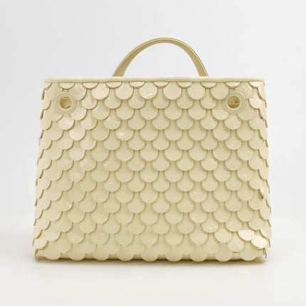 Bottega Veneta Andiamo Small Butter Yellow Fish Scale Patent Leather Handbag