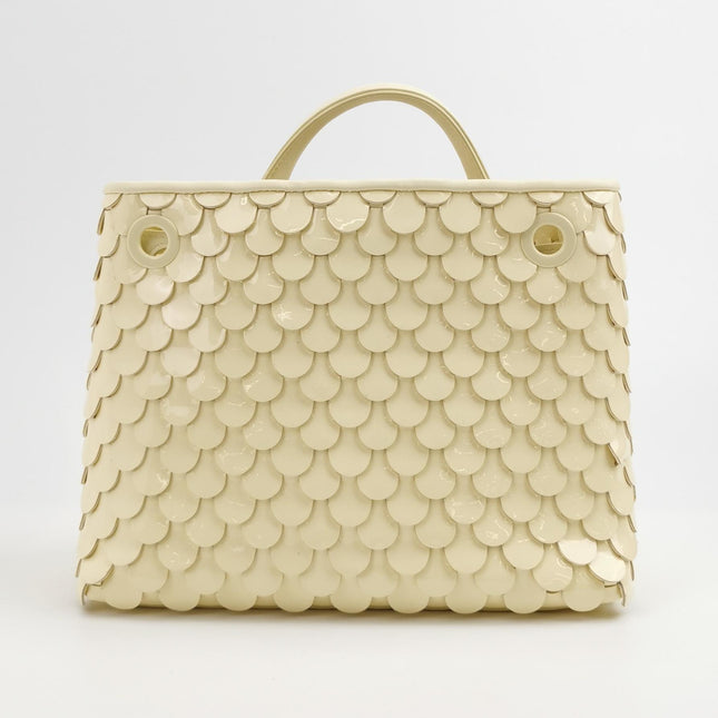 Bottega Veneta Andiamo Small Butter Yellow Fish Scale Patent Leather Handbag