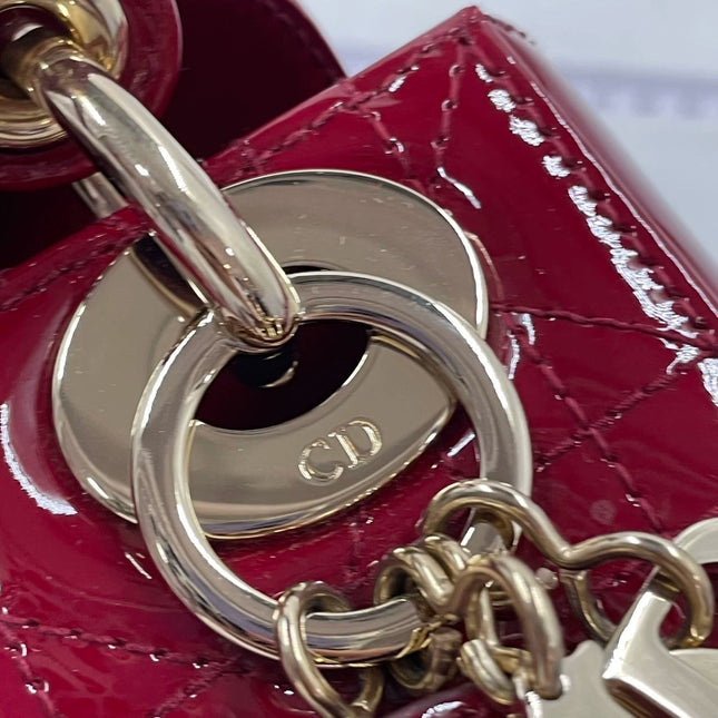 Lady Dior Mini Handbag Burgundy Red Patent Leather Gold-tone Chain Strap