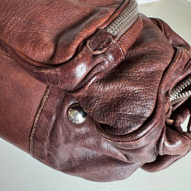 Prada Large Brown Washed Top Handle Bauletto Bag Calfksin Leather