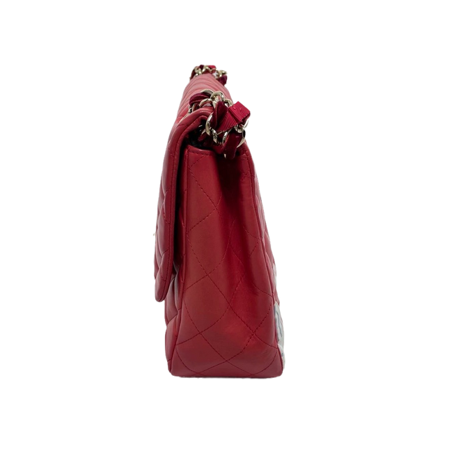 Chanel Classic Flap 2009 Large Red Leather Gold Hardware Velvet Chain Matelasse Strap