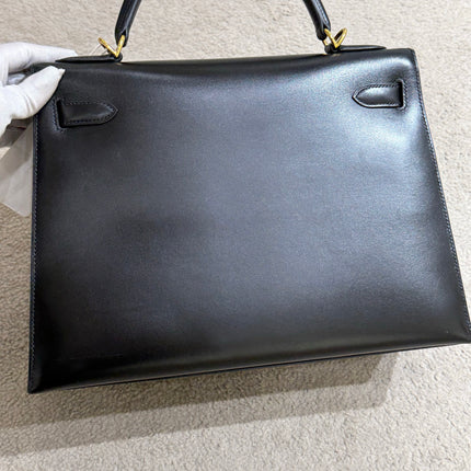 Hermes Kelly 32 Sellier Black Box Leather Double Ring Gold HW