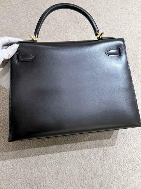 Hermes Kelly 32 Sellier Black Box Leather Double Ring Gold HW