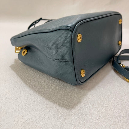 Prada Galleria Saffiano Leather Mini Grey Blue Handbag with Strap