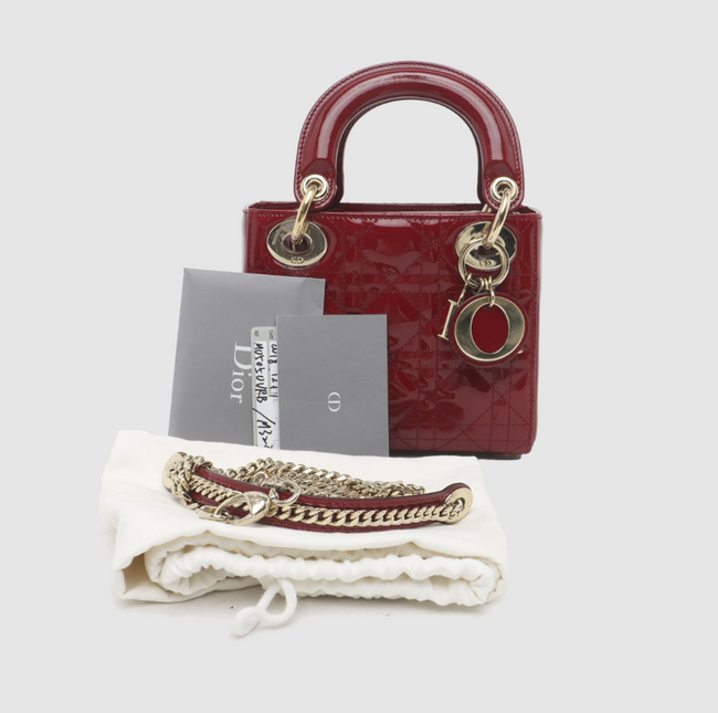 Lady Dior Mini Handbag Burgundy Red Patent Leather Gold-tone Chain Strap
