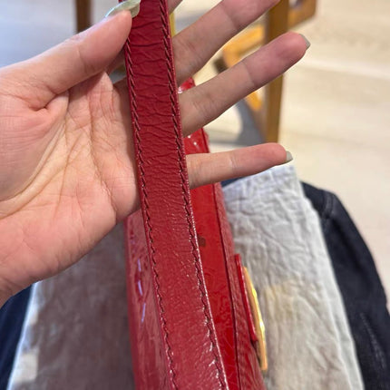 FENDI Baguette Red Crinkled Patent Leather Shoulder Bag