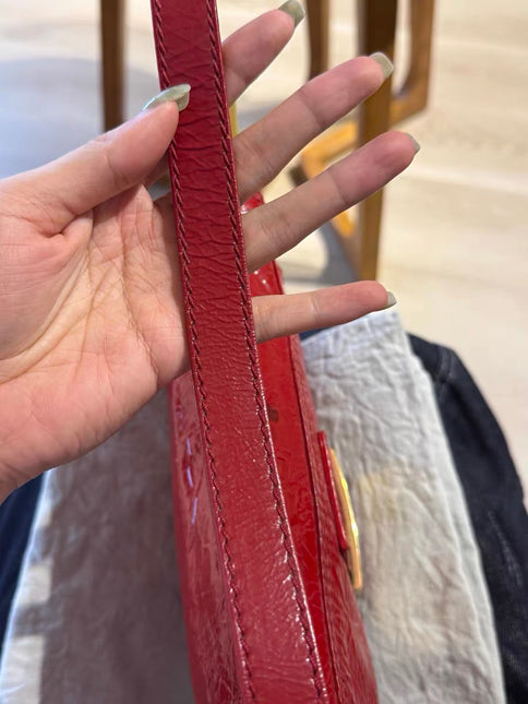 FENDI Baguette Red Crinkled Patent Leather Shoulder Bag