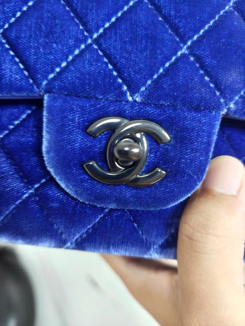 Chanel Classic Flap Medium Royal Blue Velvet Silver Hardware