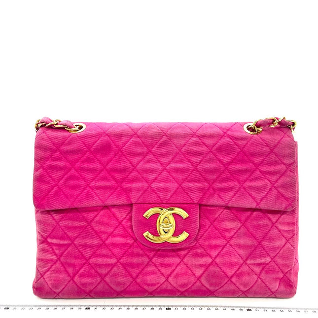 Chanel RARE Vintage Classic Maxi 34 Flap Hot Pink Denim Giant CC 24 Gold Hardware