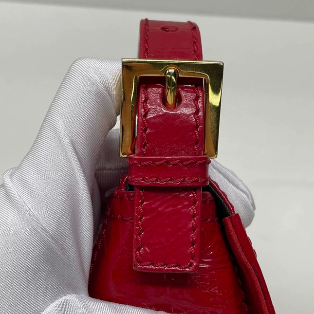 FENDI Baguette Red Crinkled Patent Leather Shoulder Bag