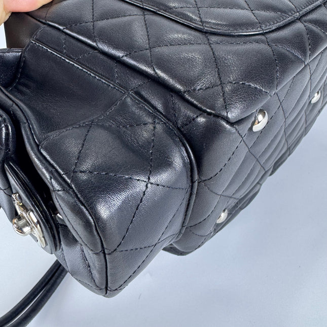 Chanel Cambon Multi-pocket Ligne Reporter Bag Medium Black Calfskin Leather White Logo