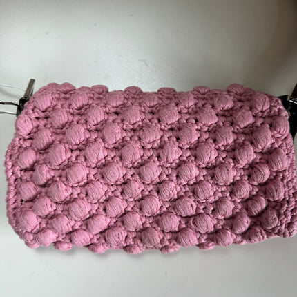 Fendi Baguette Bag Pink Crochet Knit Wool Pompom Shoulder Bag