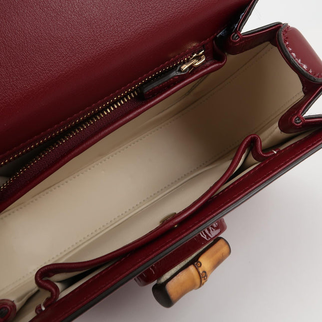 Gucci Bamboo 1947 Small Ancora Red Burgundy Patent Leather Top Handle Bag