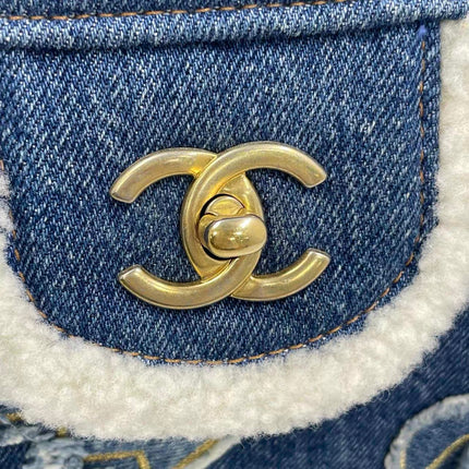 Chanel Blue Denim White Shearling Egyptian Hieroglyph Maxi Flap Bag Gold Hardware, 2019