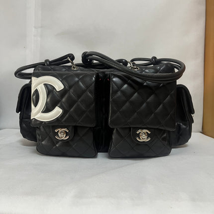 Chanel Cambon Multi-pocket Ligne Reporter Bag Large Black Calfskin Leather White Logo-Luxbags