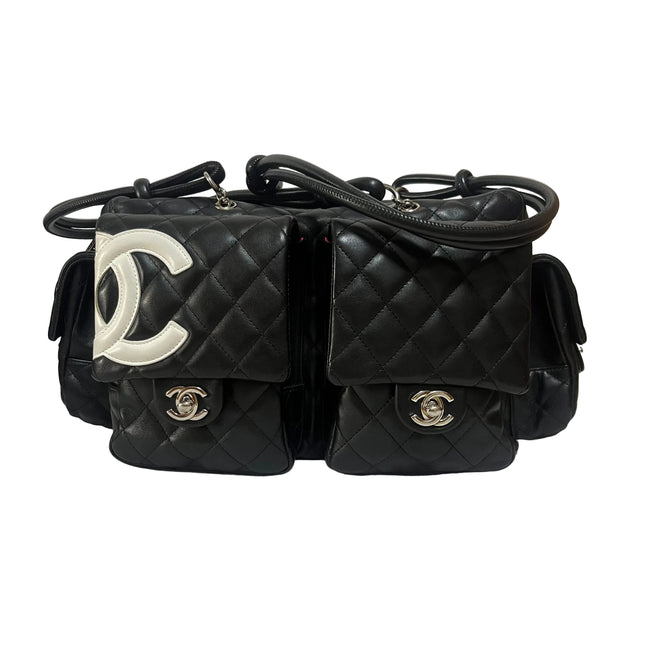 Chanel Cambon Multi-pocket Ligne Reporter Bag Large Black Calfskin Leather White Logo-Luxbags