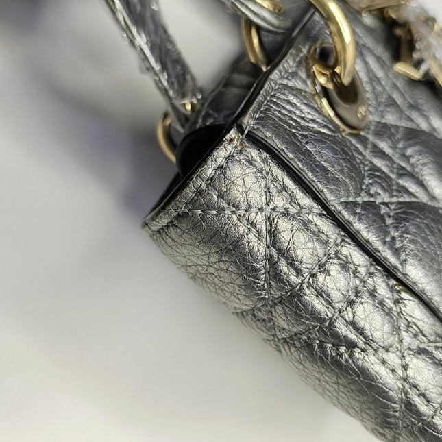 Lady Dior Small Supple Calfskin Leather Metallic Grey Cannage Handbag with Strap