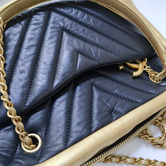 Chanel Camera Bag Chevron Stitching Black Gold Lambskin Leather Double Gold Chain, 2014