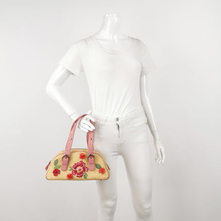 Dior Wicker Boston Bag Floral Embroidery Pink Leather
