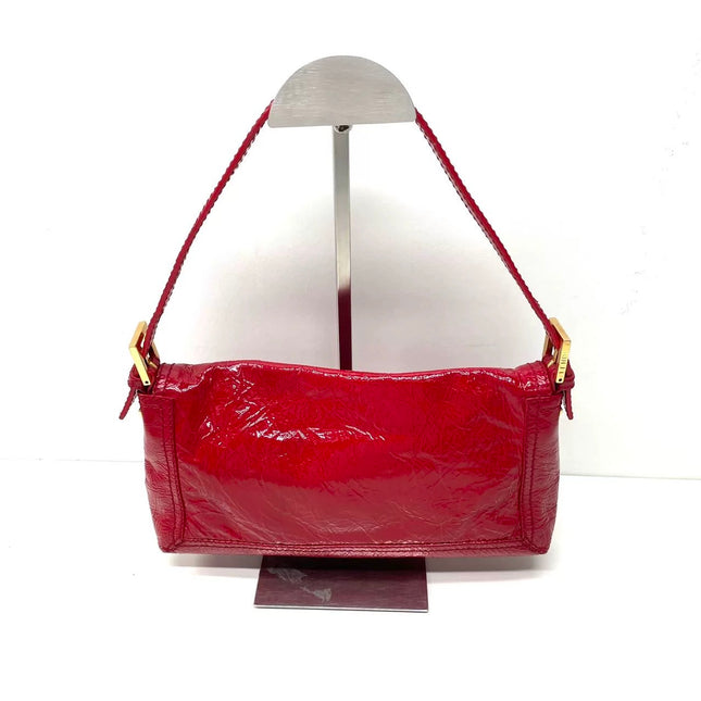 FENDI Baguette Red Crinkled Patent Leather Shoulder Bag