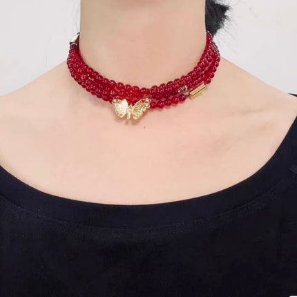 Ferragamo Vintage Rare Red Ruby Beads Necklace Gold Plated Butterfly Signed