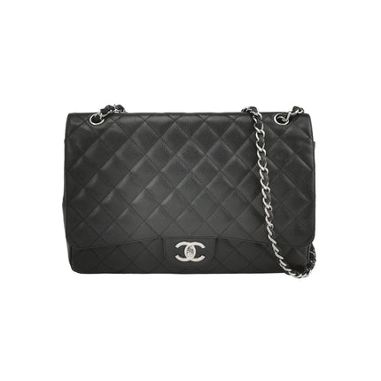 Chanel Classic Flap Maxi Black Caviar Leather Double Flap Sliver Hardware