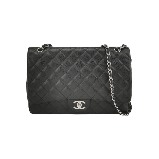 Chanel Classic Flap Maxi Black Caviar Leather Double Flap Sliver Hardware