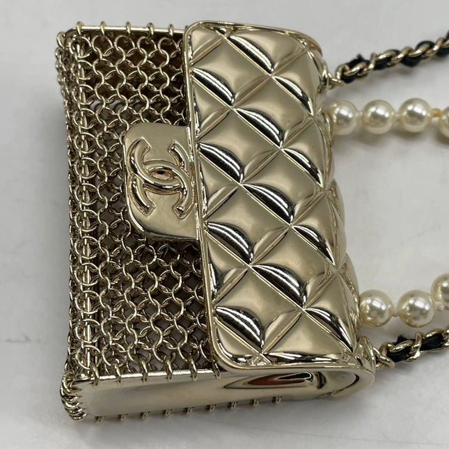 Chanel Micro Flap Bag Charm Chain Long Necklace with Matelasse and Pearl Chain 102cm