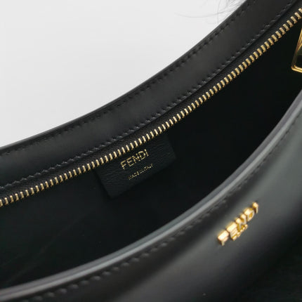 FENDI O Lock Black Leather and Faux Fur Shoulder Bag