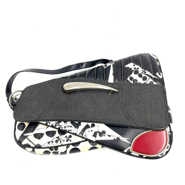 Dior Montaigne Chris 1947 Black Leather Cadillac Poker Print Bejeweled Shoulder Bag