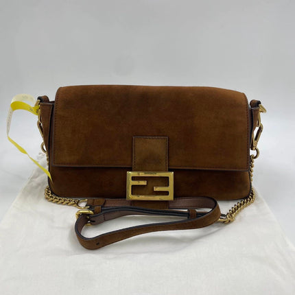 Fendi Baguette Selleria Suede Leather Crossbody Bag Medium Caramel Tan