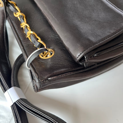 Chanel Vintage Front Pocket Tote Chocolate Brown Leather Double Gold Leather Chain