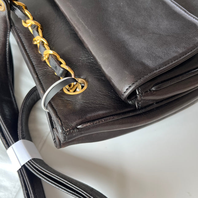 Chanel Vintage Front Pocket Tote Chocolate Brown Leather Double Gold Leather Chain