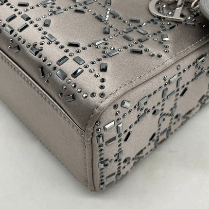 Lady Dior Mini Grey Silk with Crystals Silver Hardware