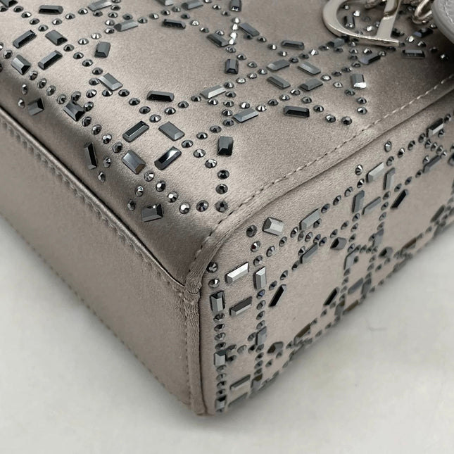 Lady Dior Mini Grey Silk with Crystals Silver Hardware