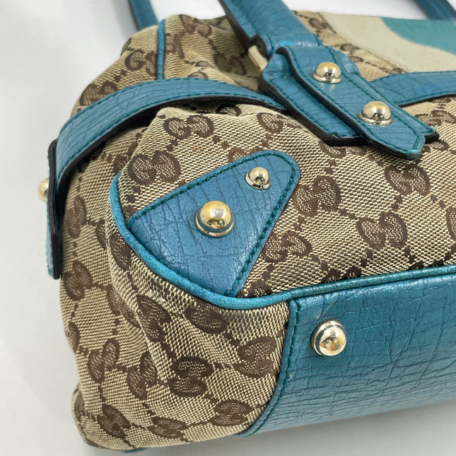 Gucci Horsebit Boston Bowling Handbag Monogram Canvas Blue Leather