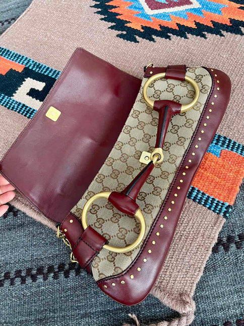 Gucci Horsebit 1955 Large Cloth Beige Monogram Burgundy Leather Shoulder bag