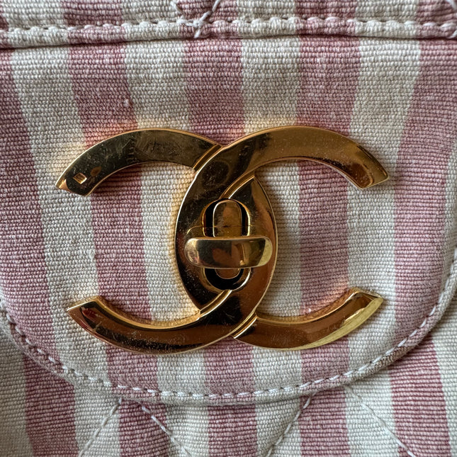 Chanel Vintage XXL Maxi Pink Striped Travel Flap Bag Canvas Gold Hardware