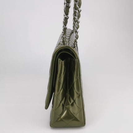 Chanel Classic Flap Maxi Metallic Green Patent Leather Double Flap Sliver Hardware 2012