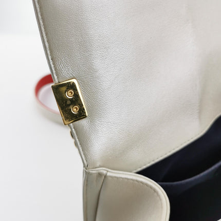 Chanel Le Boy Medium White Pearlescent Waffle Lambskin Leather Red Lock 2013-2014